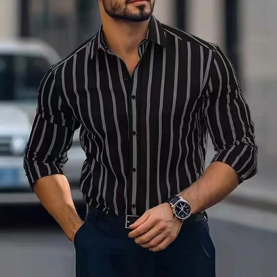 Premium Hot Sale New Men's Casual Loose Striped Long Sleeved Collar Shirt, Breathable Comfortable for Holidays Weddings