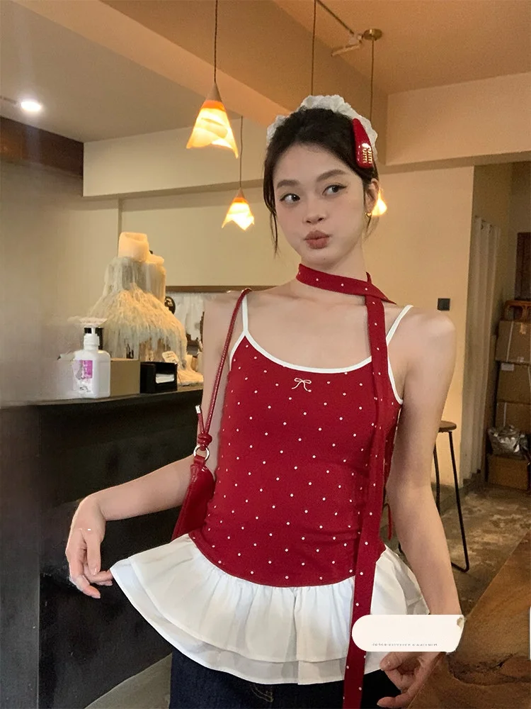 

Summer New Style Slim Fit Short Top Women's Red Polka Dot Halter Vest with Knot Lace Detailing Trendy Commute Wind