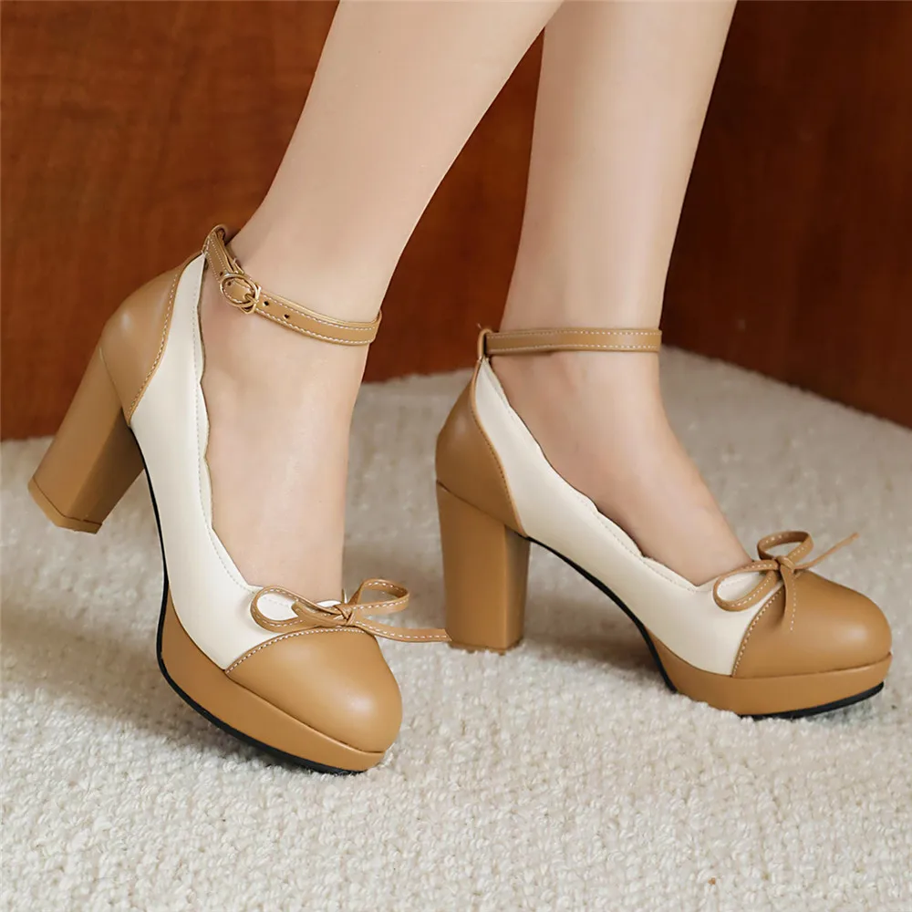 Women Shoes on HeelsLadies Mixed Colors Platform Pumps Shallow Mouth Round Toe Shoes for Woman Mary Jane Bow High Heels Footwear