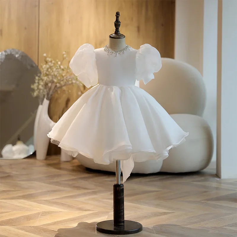 

Infant Baby Girls 1st Year Birthday Dresses White Christening Gowns Beads Baby Baptism Clothes Lace Tutu Big Bow Princess Gown