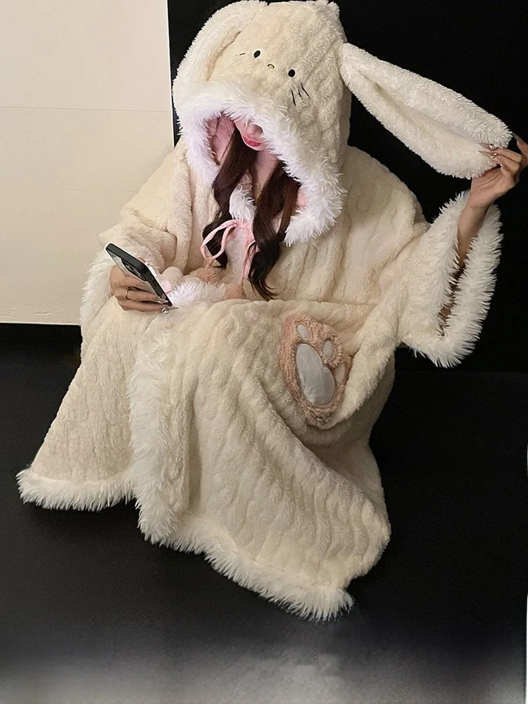 Coralline Fce Spwear Women's Long Thiened Flannel Home Clothes Set Autumn Winter Korean Sle Robe Casual Outfit