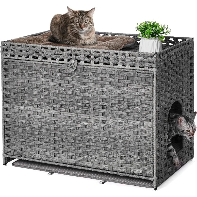 

Cat Litter Box Enclosure with Soft Litter Mat; Hidden Washroom Furniture with Door; Handwoven Rattan Cat House