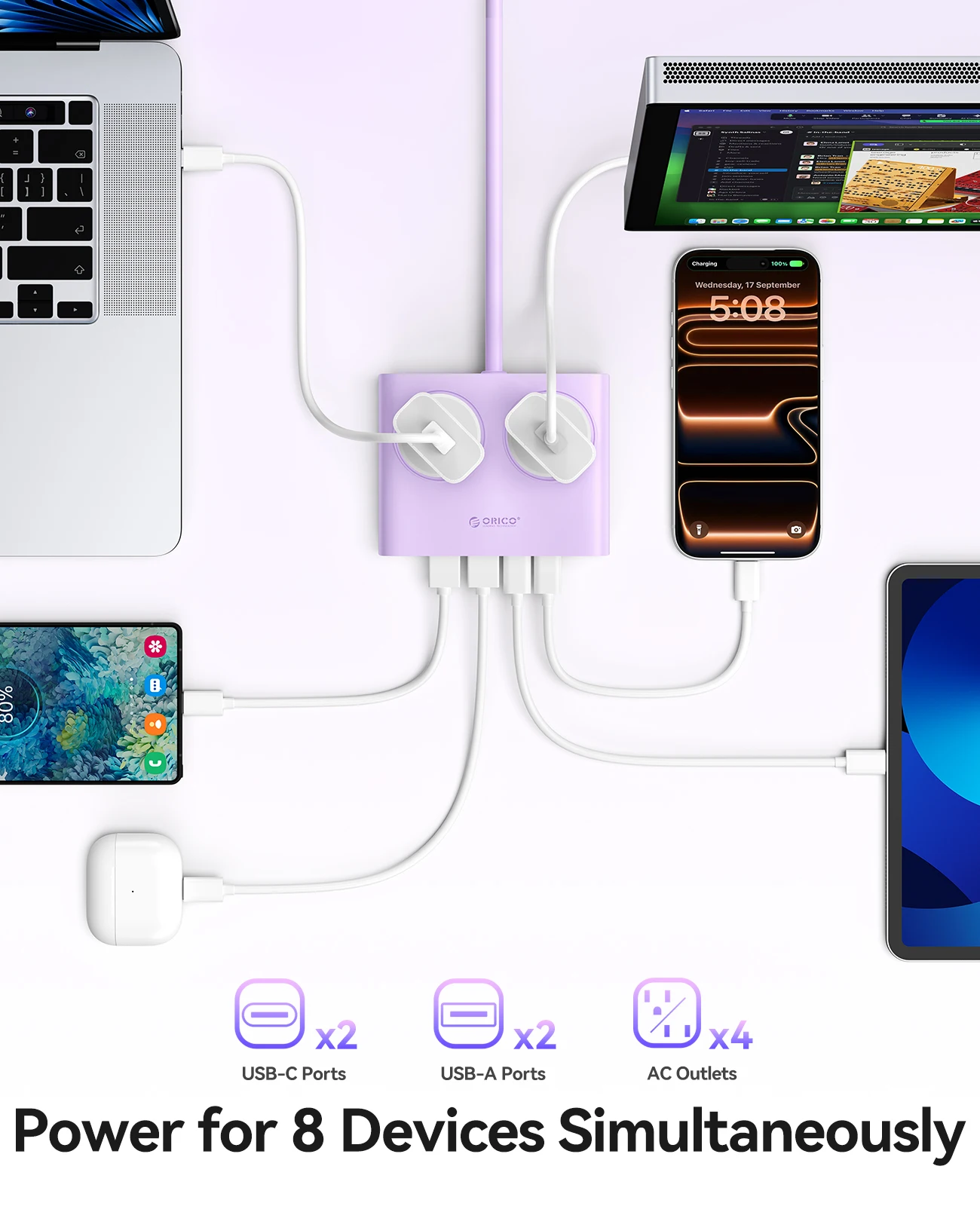 ORICO Power Brick Max 25W GaN Power Strip 8-in-1 Desktop Charging Station with 4 AC Outlets 2 USB-C 2 USB-A 5ft Extension Cord 45° Ultra Thin Flat Plug for Travel Office Home