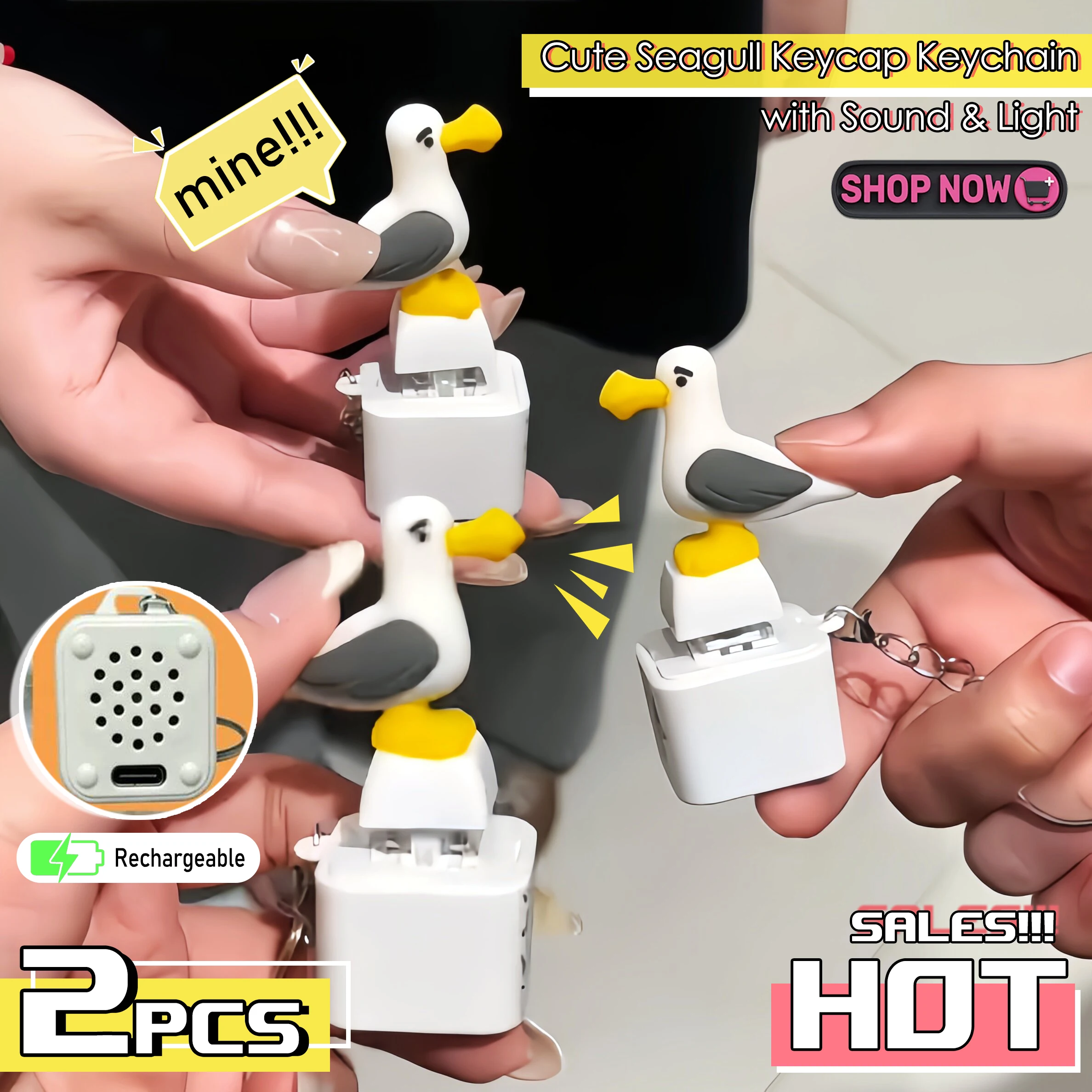 2Pcs Seagull Keycap Keychain Luminous Squeaky Sound Bag Pendant Anti-stress Keyboard Clicker Decompression Mine Bird Voice Gift