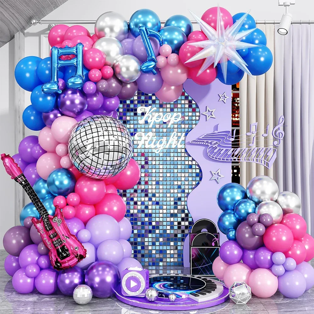 95pcs Music Theme Balloon Garland Kit,Purple Blue Silver Latex Balloons Disco Guitar Foil Balloons for Birthday Party Decor