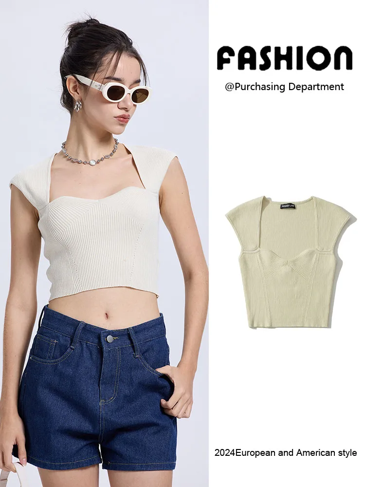 

Простая футболка с воротником в форме сердца, женская модная однотонная футболка ZA2025, летнее новое поступление, топ в рубчик для поездок на работу