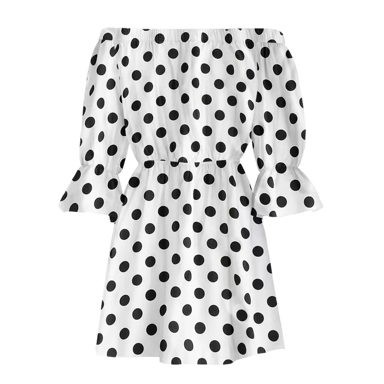 Off Shoulder Mini Dress Women Leopard Polka Dot Elegant Summer Dress Casual Loose Fashion Slash Neck Long Sleeve Party Dresses