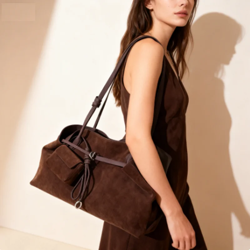 

New Quality Winter Matte Camel Large Shopper Tote for Marry Christmas Gift Suede + Cow Leather Women Handbag with Mini Purse