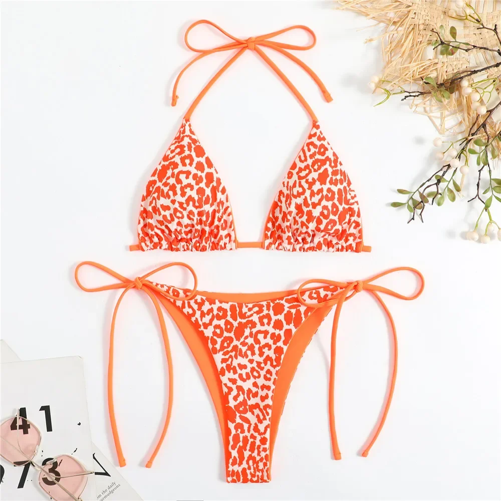 

Pink Leopard Print Triangle Bikinis Sets Sexy Swimsuit 2024 Micro Thong Swimwear Bathing Suit String Halter Bikini Mujer Biquini