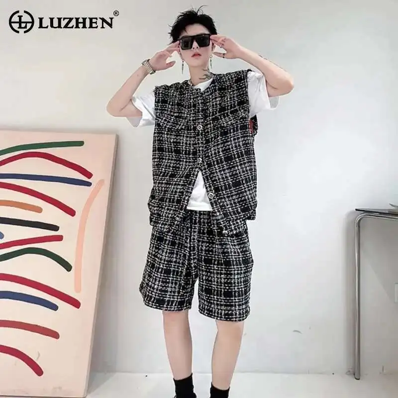

LUZHEN New Summer Checked Printed Men's Two-piece Sets 2025 Street Straight Short Pants Original Loose Sleeveless Vests LZ9592