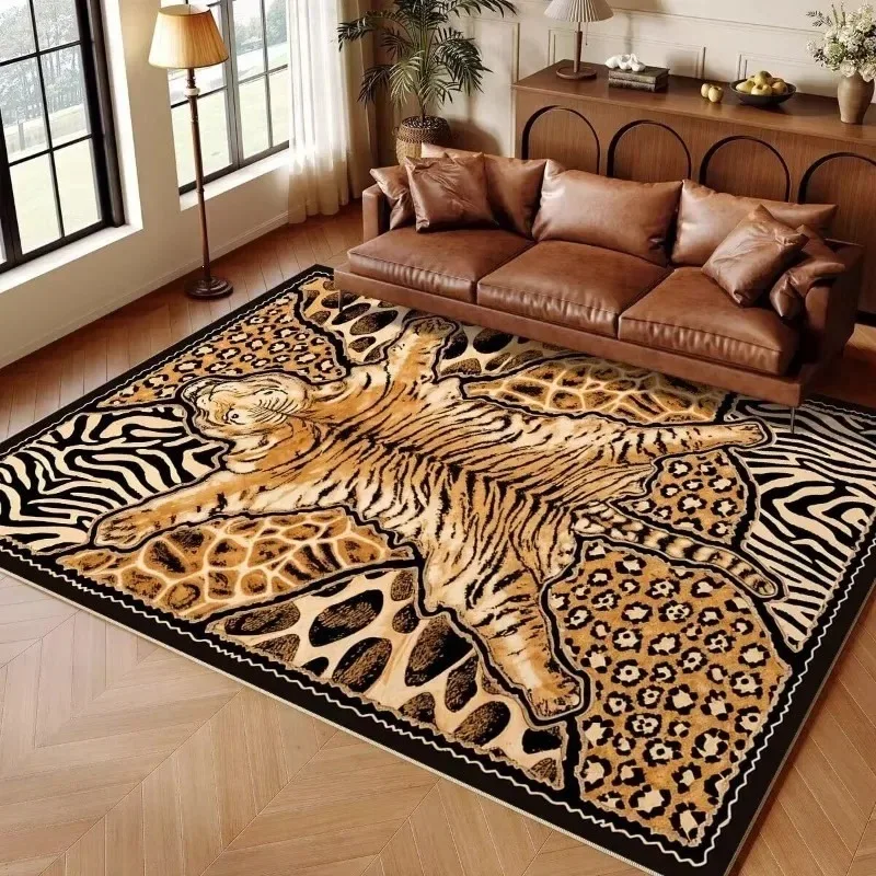 Vintage Tiger Zebra Leopard Animal Print Patchwork Non Slip Flannel Rug Home Floor Mat Decorative Carpet
