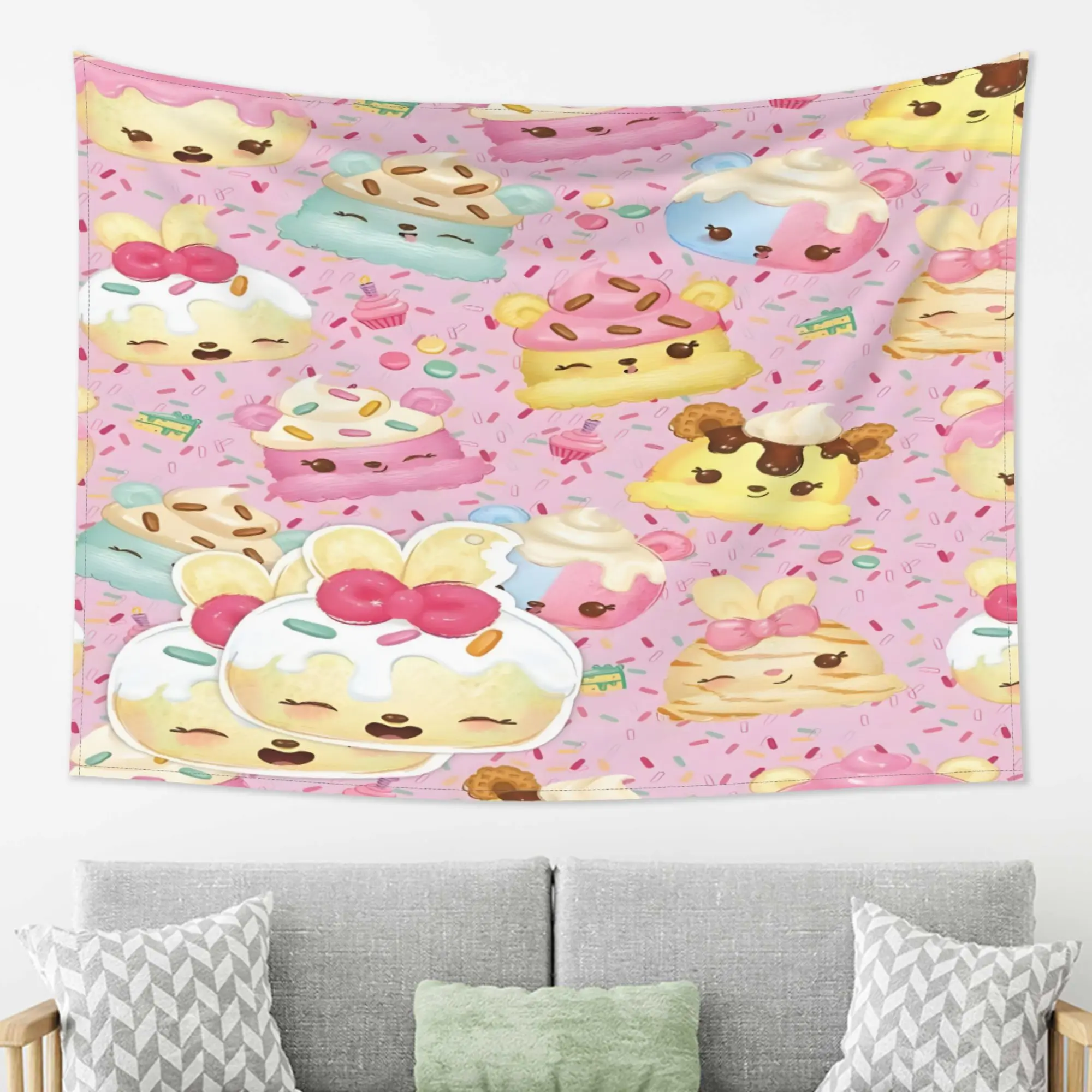 1pc Pink Sprinkle Cute Animal Donut Dessert Tapestry Pastel Cartoon Wall Art Aesthetic Room Decor for Bedroom Dorm Girl Gift