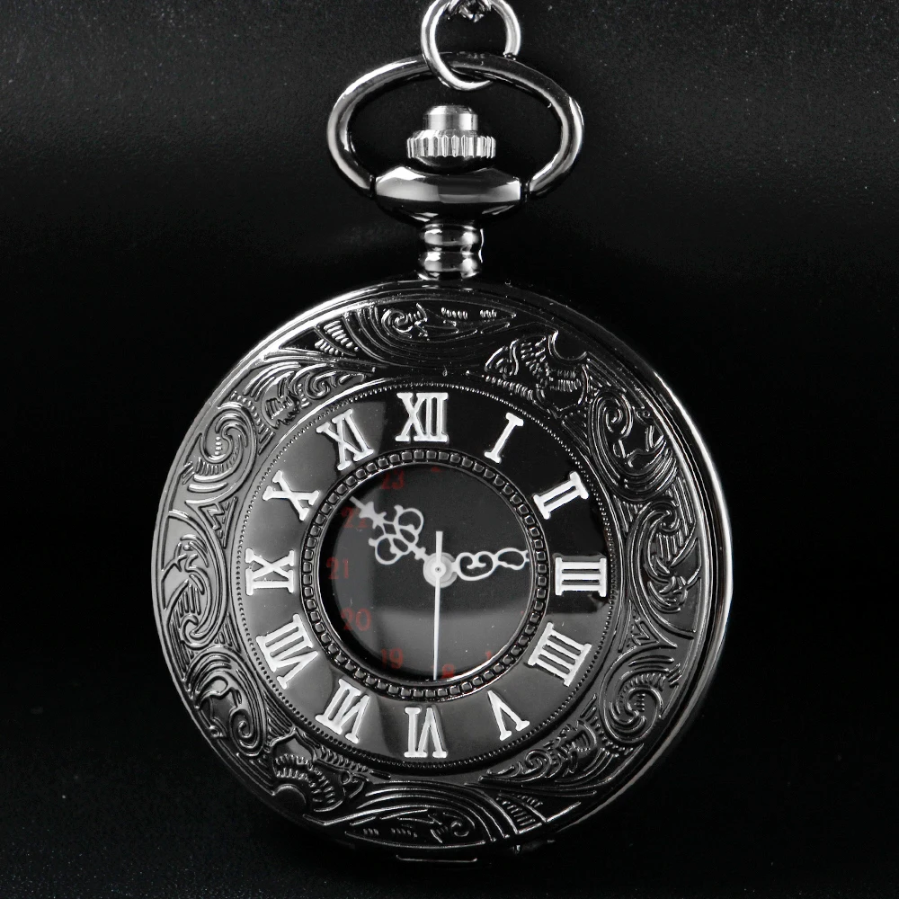 Black Simple Roman Digital Pocket Watch Fashion Men's and Women's Necklace Chain Vintage Fob Steampunk Pendant Cf1018