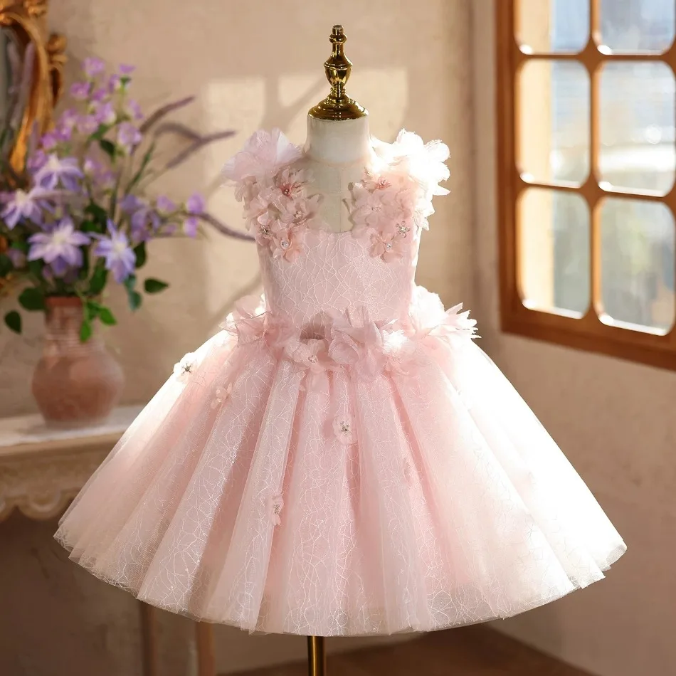 Girls Spaghetti Strap Tulle Tutu Dress 3D Handmade Floral Rhinestone Multi Layer Mesh Skirt Kids Pageant Birthday Formal Outfit