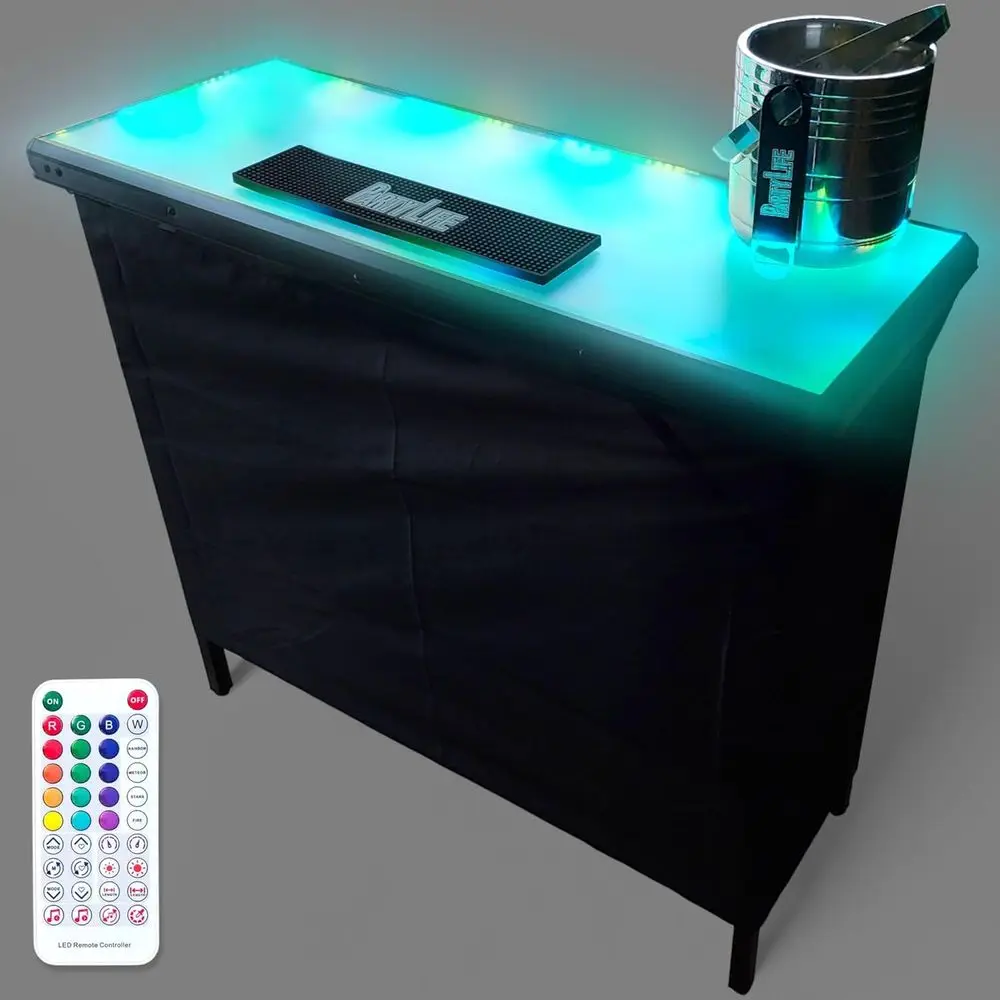 

Portable LED Bar Table with Mobile App, Wireless Remote, Folding Legs, 2 Bar Skirts, Storage Shelf & Carrying Case - Black