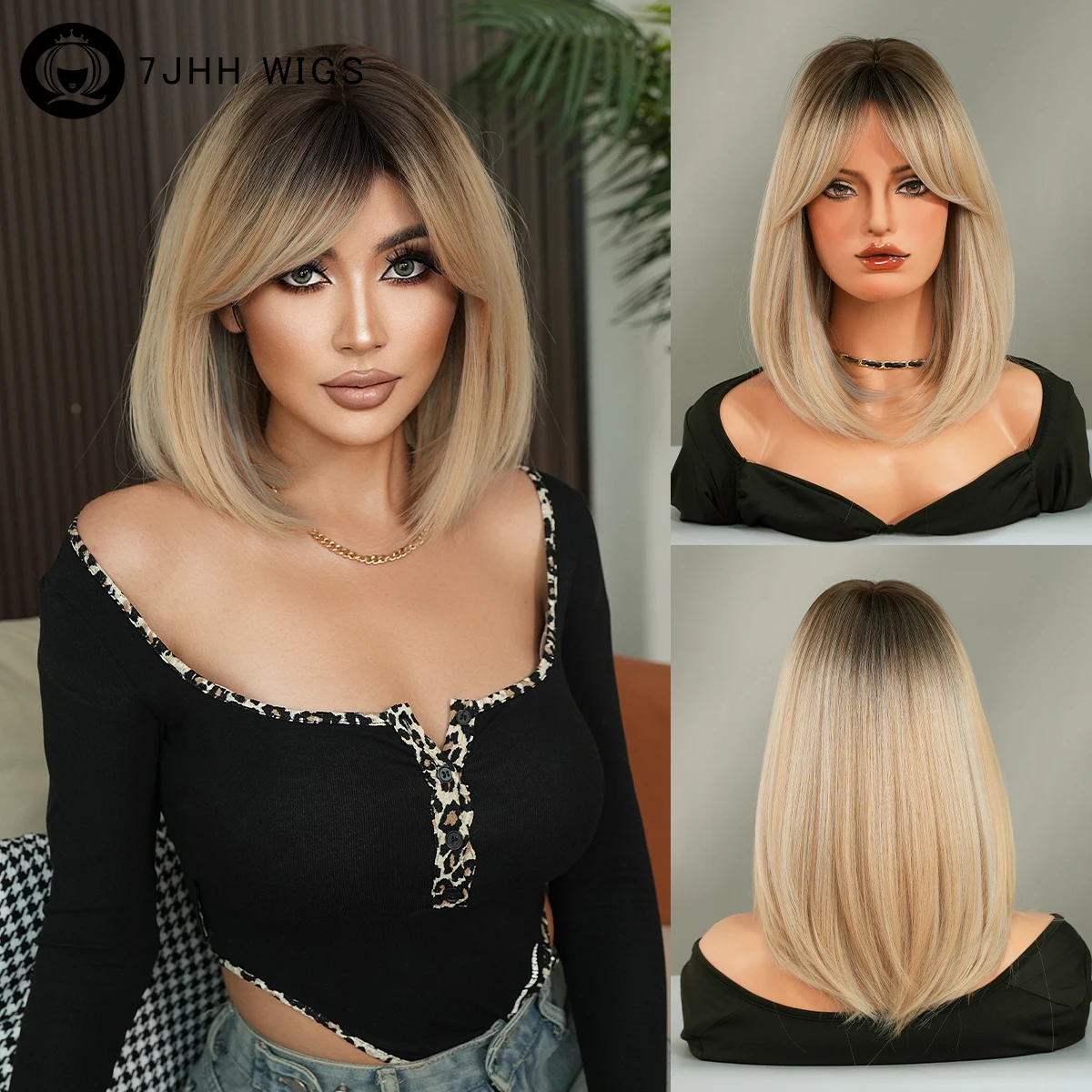 

Shoulder Length Straight Golden Brown Wig for Women Synthetic Modest Fashion Middle Part Wear and Go Wigs with Curtain Bangs