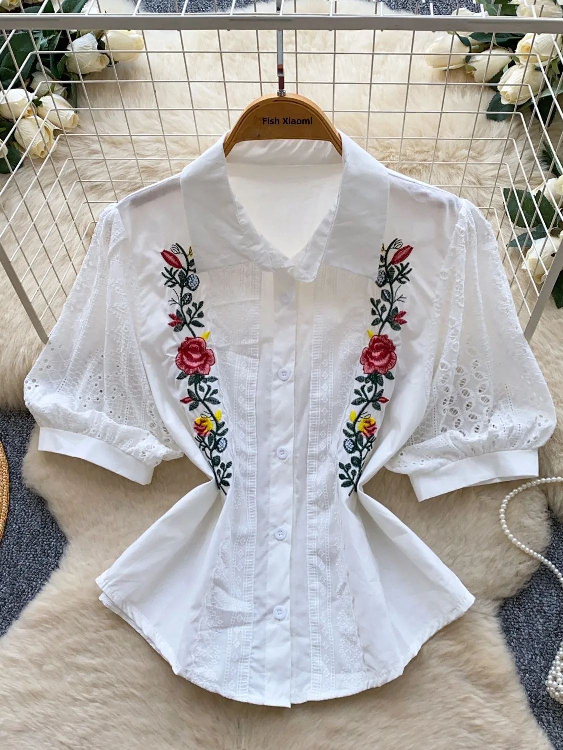 Retro Embroidered Flower Bubble Sleeve Shirt Women's Design Loose Fit Slimming Top Short Sleeve Polyester Fiber Casual Wear