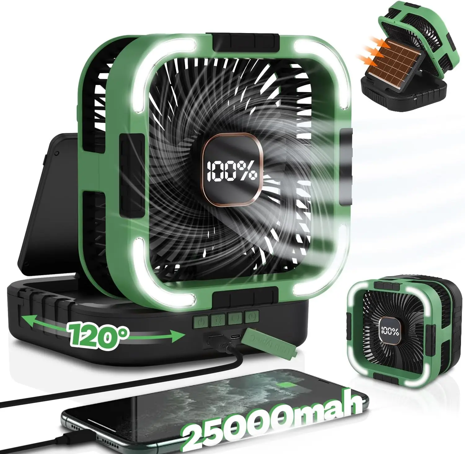 

Солнечный кемпинговый вентилятор 25000 мАч со светодиодной подсветкой, 120 Вт ° Осциллятор с 6 скоростями и USB-C для путешествий на природе