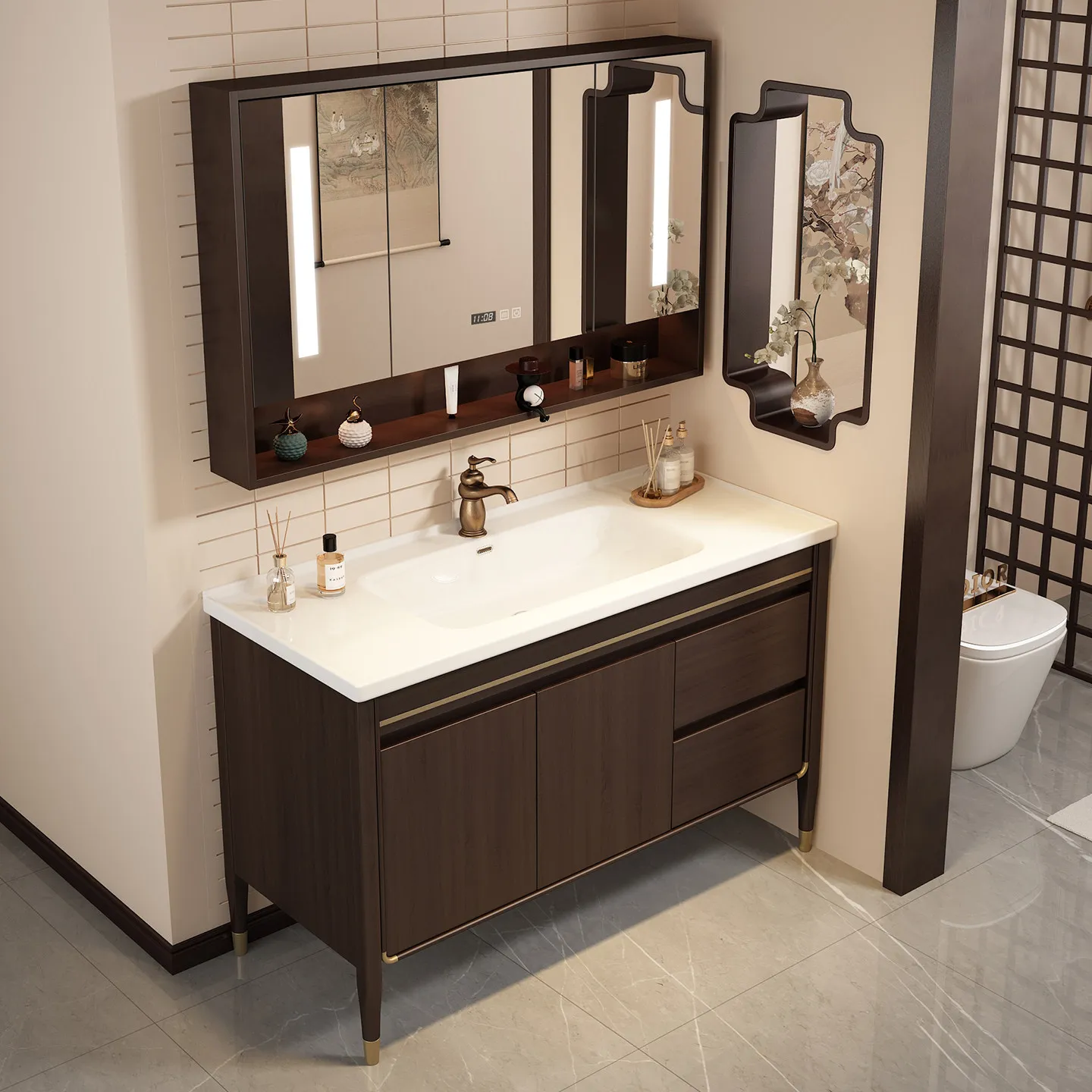 Oak bathroom cabinet combination, ceramic integrated basin, bathroom floor-to-ceiling washbasin, sink washbasin