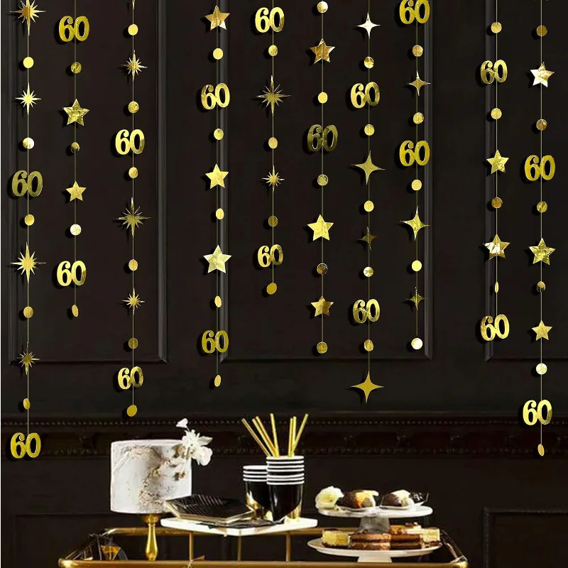Goldfarbene Dekorationen zum 60. Geburtstag, Nummer 60, Kreis, Punkt-Punkel-Stern-Girlande, Banner-Hintergrund für 60-jährige Geburtstagsparty-Zubehör