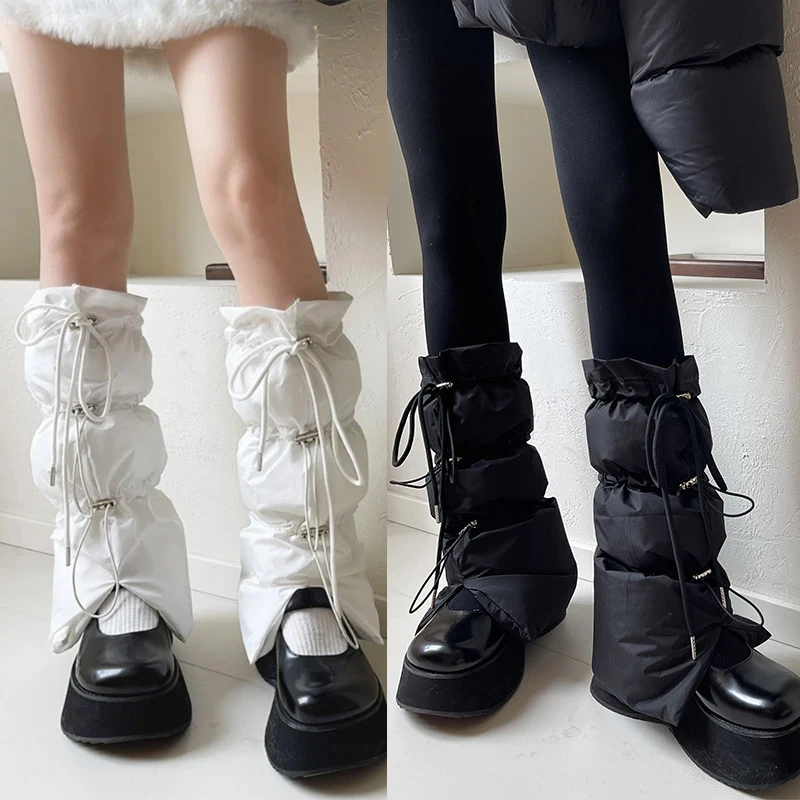Women Korean Fashion Winter Padded Puffer Leg Warmers for Outdoor Sports Adjustable Drawstring Split Flared Boot Covers Socks