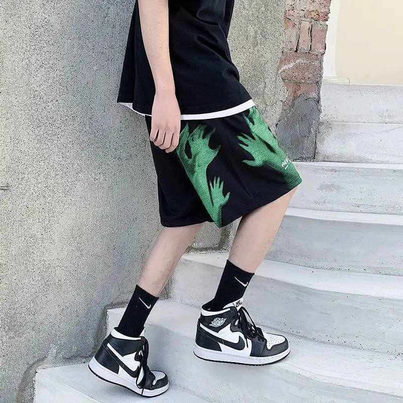 Calção casual de grandes dimensões masculino, streetwear coreano, calça curta masculina, hip hop, elástico estampado na cintura, moda, 2022