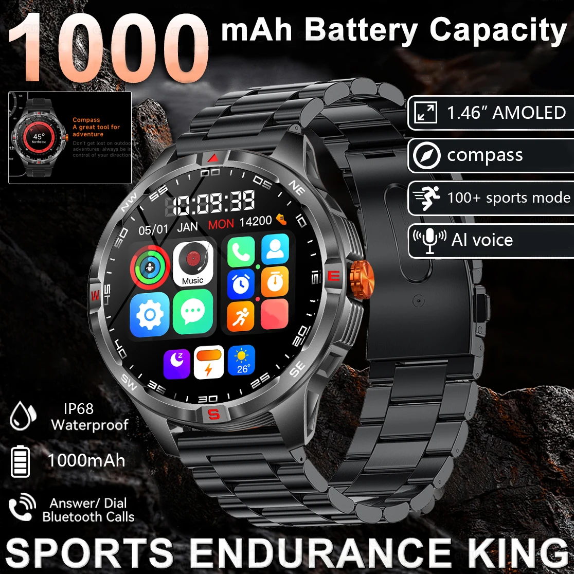 ساعة ذكية عسكرية قوية للرجال بلوتوث مكالمة بطارية 1000 مللي أمبير في الساعة 100 يوم وقت الانتظار شاشة 1.46 بوصة IP68 حركة مقاومة للماء t
