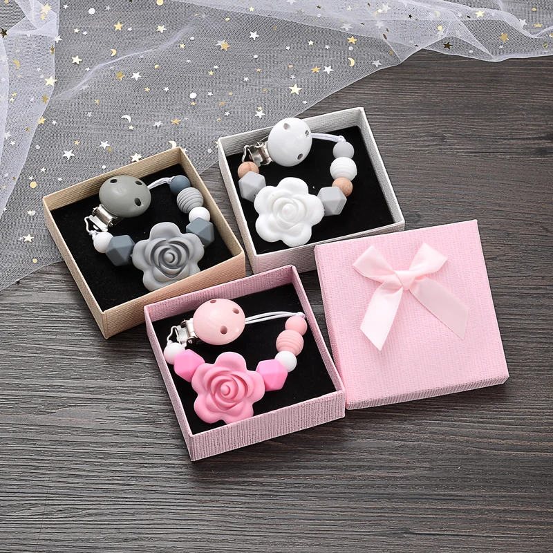 Baby Pacifier Clip Chain Gift Boxed Silicone Flower Shape Beaded Nipple Chain Anti-Drop Appease Dummy Holder Chain Nursing Toy