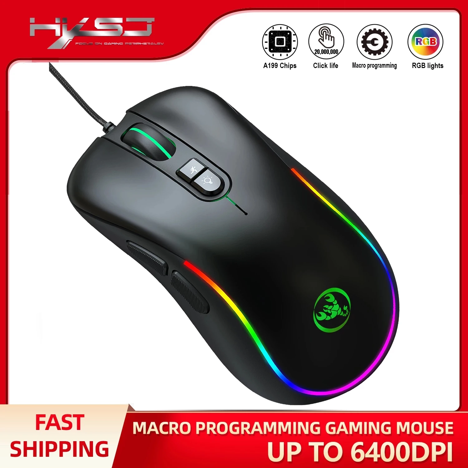 Hot sale HXSJ J300 RGB Lighting Programmable Gaming Mouse ergonomic 7D 6400DPI USB wired mouse game for laptop pc tablet