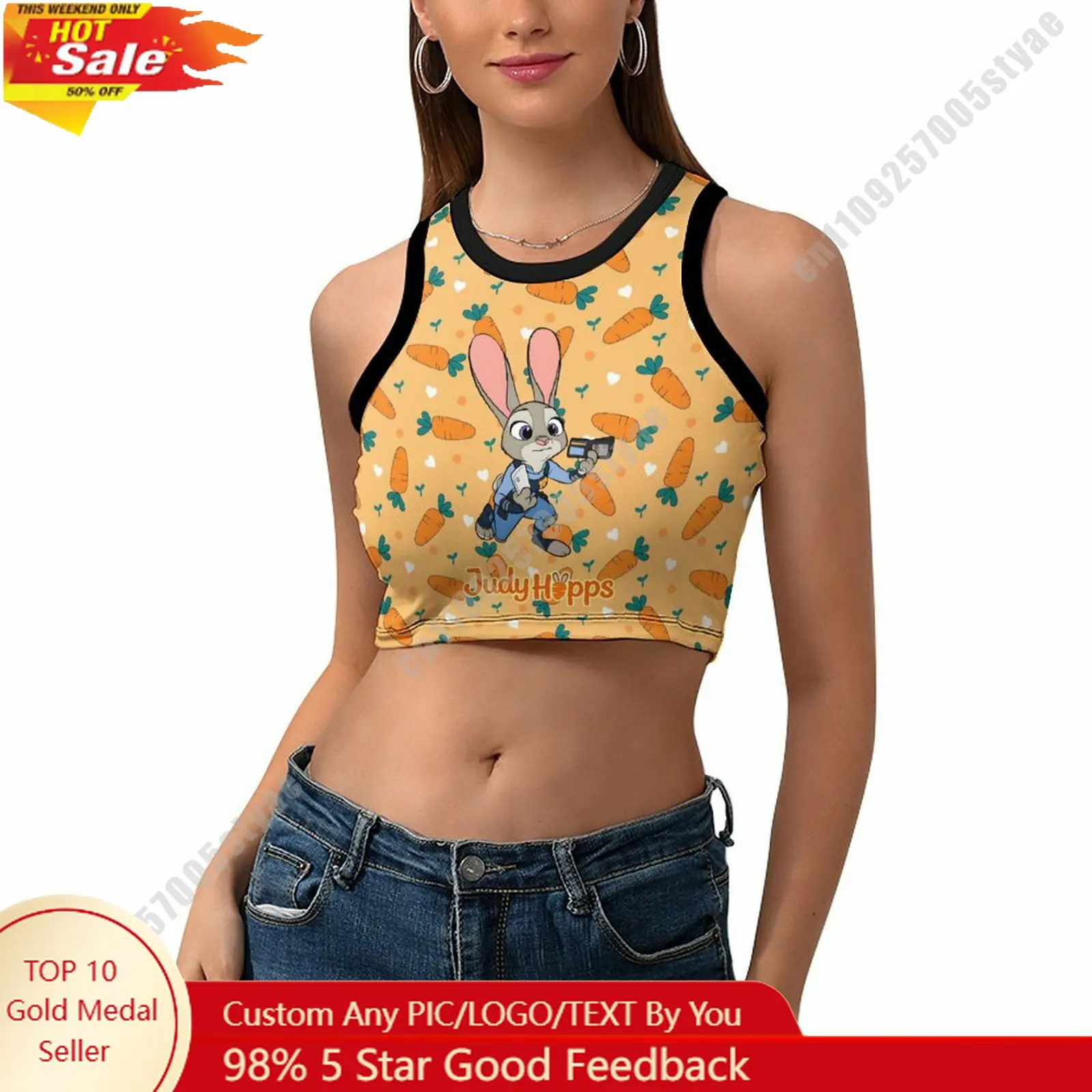 

Judy Hopps Vest Disney Pattern Custom Photo Text Crop Tank Racerback Vest Personalized Graphic Sleeveless Crop Top