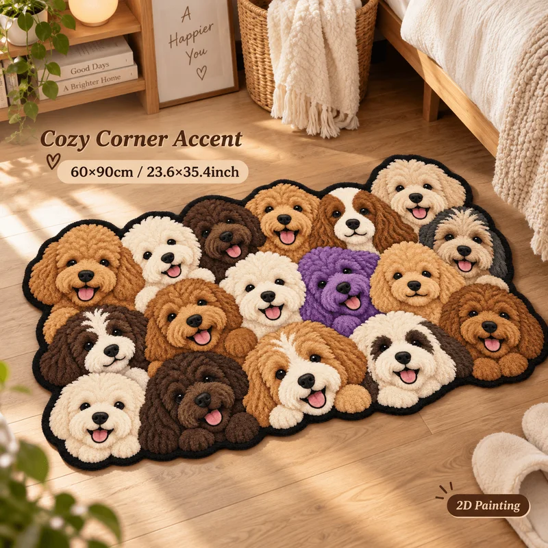 VIKAMA Cute Dog Rug Fluffy Dog Face Soft Fur Anti Slip Entrance Floor Mat Bedroom Home Decor Cute Animal Shaped Carpet Entryway