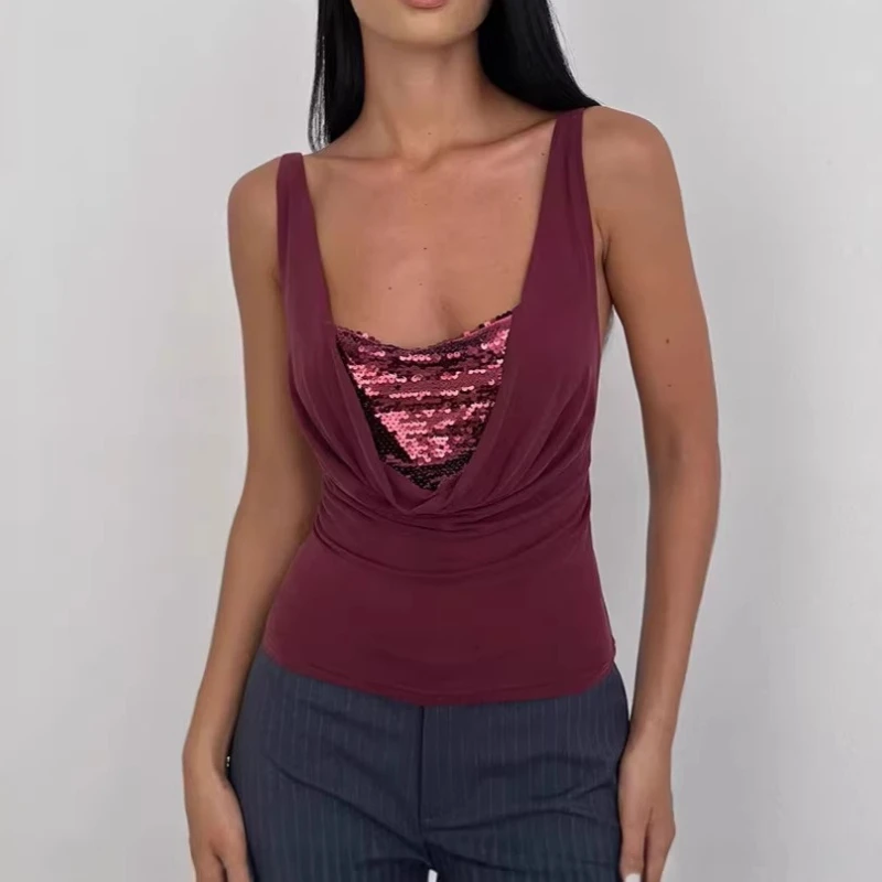 

Women Summer Beading 2026 New Fashion Spicy Girl U-Neck Sequined Short Sleeve Slim Joker Vest Suspender Croped Tank Tops Woman