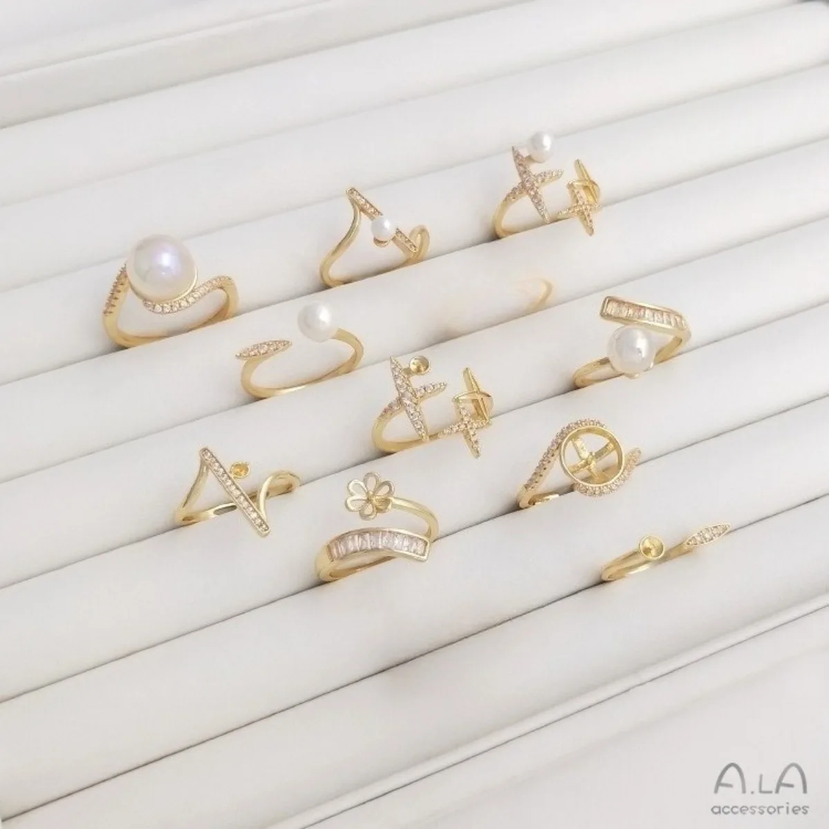 Brass Gold Plated CZ Half Hole Bezel Ring Blank DIY Pearl Crystal Inlay Finger Ring Jewelry Findings