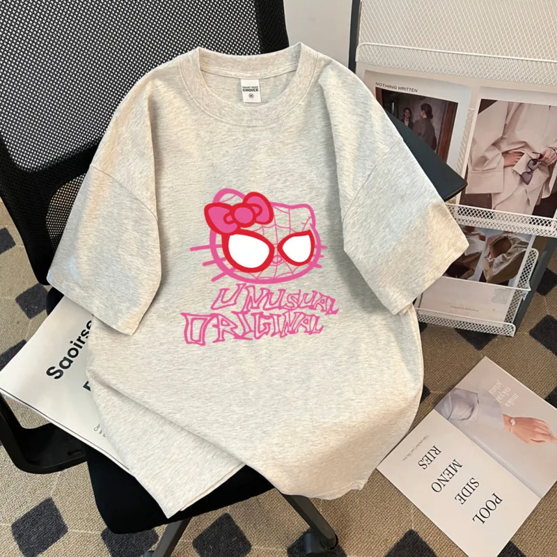 Miniso Hellokitty Casual Cotton T-shirts Cartoon Kitty Spider Printed Cute Tees Plus Size O-neck Y2k Tops Loose Shirts For Women