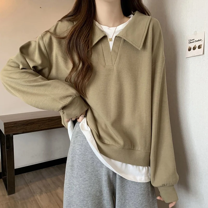 Fashion Lapel Spliced Fake Two Pieces Sweatshirts Female Clothing 2024 Autumn Winter New Loose Korean Tops Casual Sweatshirts