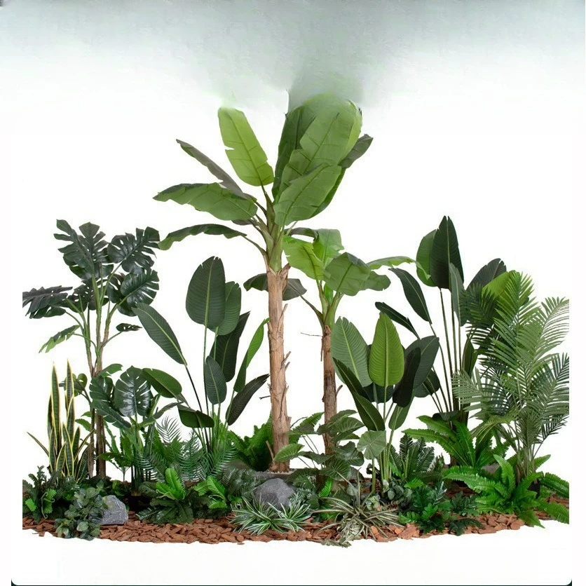 

View shopping mall soft decoration large fake tree window landscaping potted plant stairs