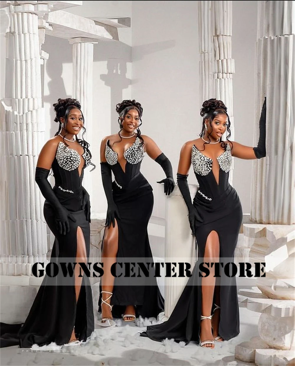 Silver Stones Black Gloves Aso Ebi Evening Dresses For Black Girls Party Wedding Dress Slit Mermaid African Formal Gowm vestido