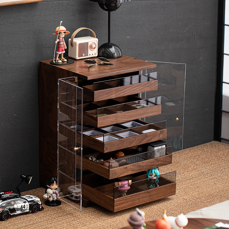 AOLIVIYA Bedroom Storage Box Storage Locker Cabinet Solid Wood Glass Display Jewelry Cosmetics Desk Organizer Black Tea Set Unit