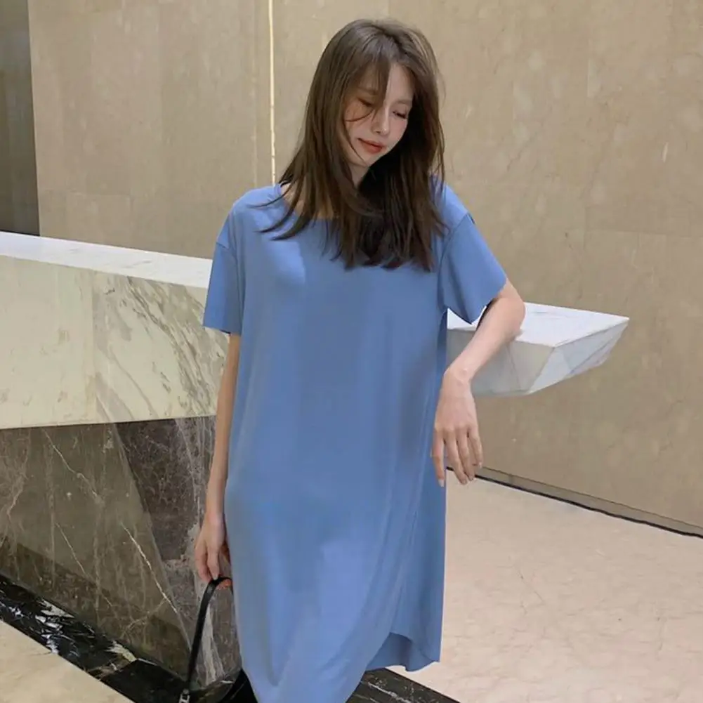 Loose Fit Summer Dress Elegant Knee-length Nightdress for Women Loose Fit Ice Silk Pajamas with Short Sleeves Homewear Dress