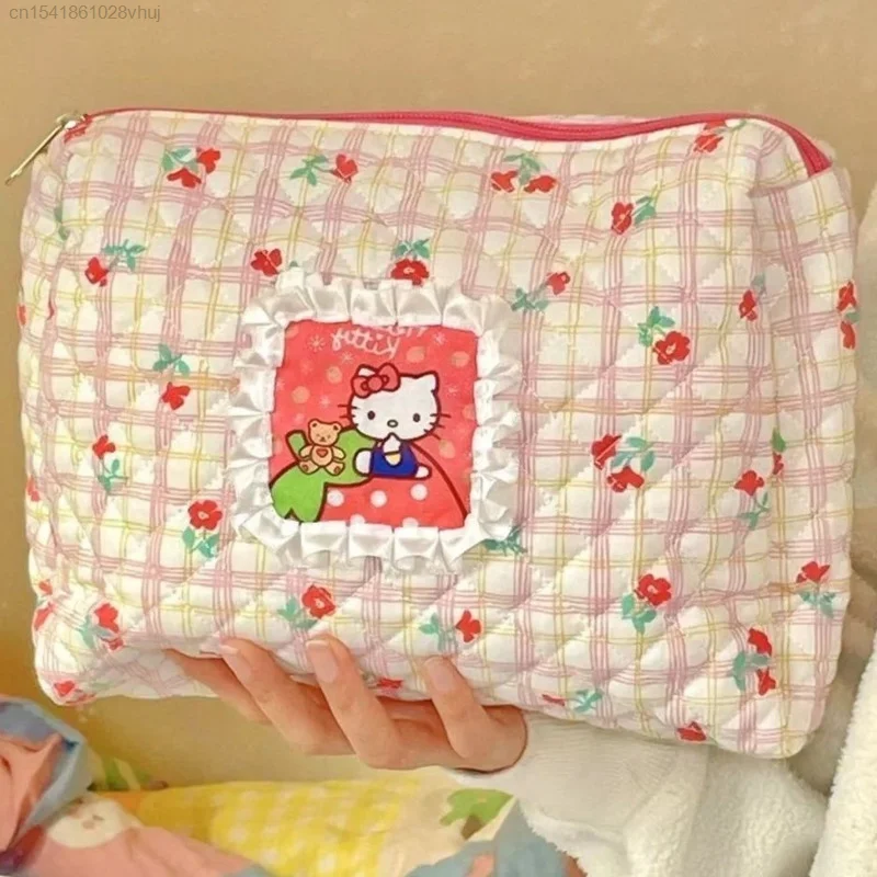 Kawaii Hello Kitty Floral Sweet Makeup Bag Large Capacity Y2k Lolita Girl Portable Multi-function Pen Storage Bag Gifts For Yk2