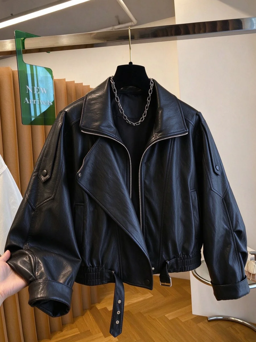 Cool Short PU Leather Jacket Women's Zipper Motorcycle Clothes Street Style Warmth Straight Tube Type Long Sleeve Pure Color