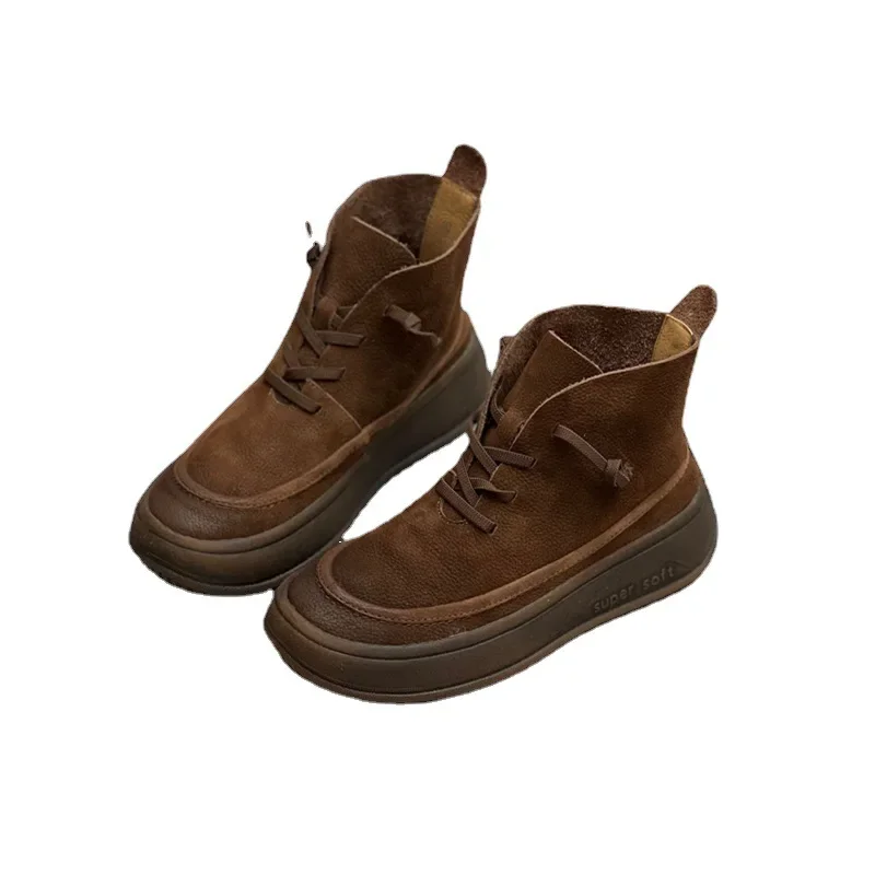 Platform Frosted Cow Leather Vintage Women Boots Leather Women\'s Shoes Thick Bottom Brown Ankle Boots Plush warm snow boots