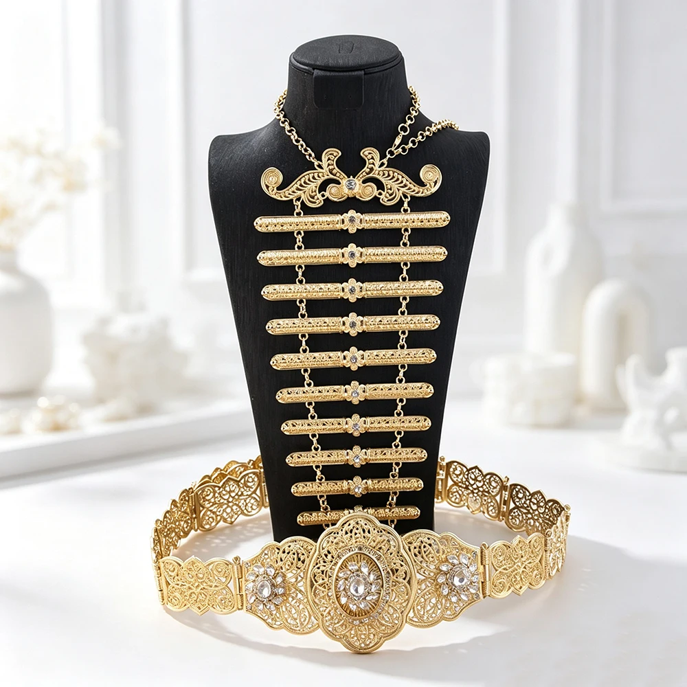 Sunspicems Vintage Ingush Caucasus Women Belt Breastplate Bridal Jewelry Sets Turkish Dress Belt Waist Chain Adjustable Length