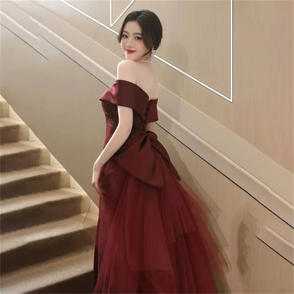 Lily Burgundy Stain Prom Dress Off the Shoulder Party Dress Mermaid Celebrity Gown Pleat Bow Wedding Party Dress вечерние платья