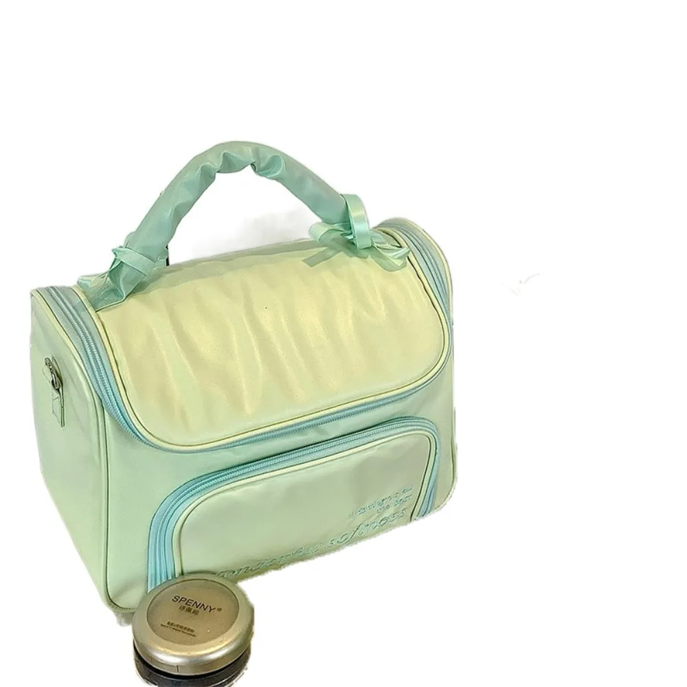 

Ins PU Leather Women's Makeup Bag Waterproof Ballet Style Large Capacity Toiletry Ba Handheld Handbag Bowknot Cosmetic Bag Girls