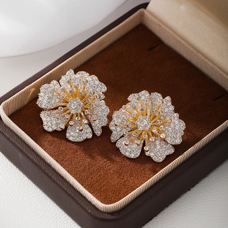 SENYU Luxury Cubic Zirconia Flower Earrings Exquisite Design Women Large Stud Jewelry for Party Brazil Wedding Bride