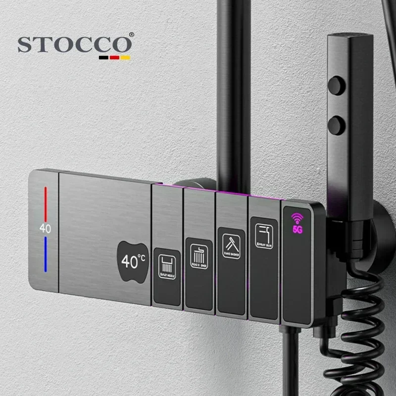 Creative copper shower set home intelligent digital display temperature LED light bathroom pressurized nozzle shower system set