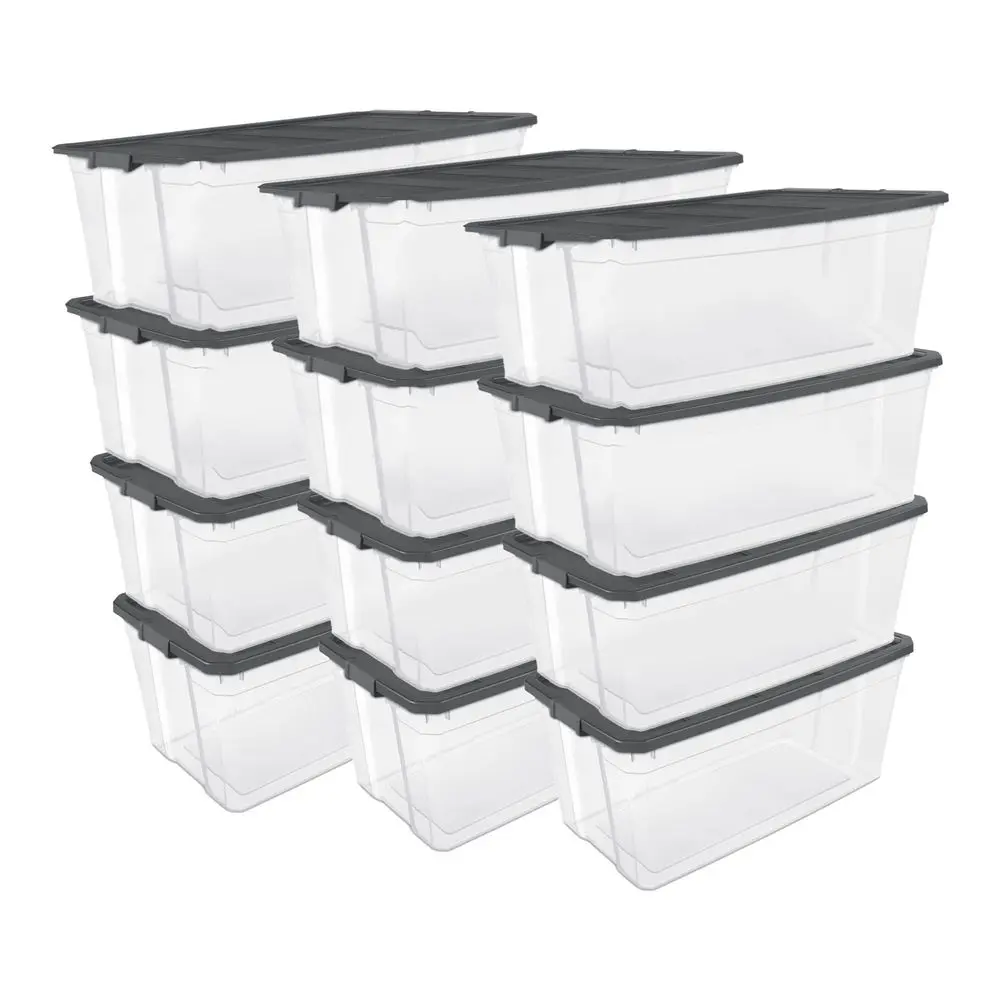 

12Pack Modular Stacker Box, Durable Clear Plastic Storage Bins with Latching Lids, 200 Quart Stackable Organizing Container Box