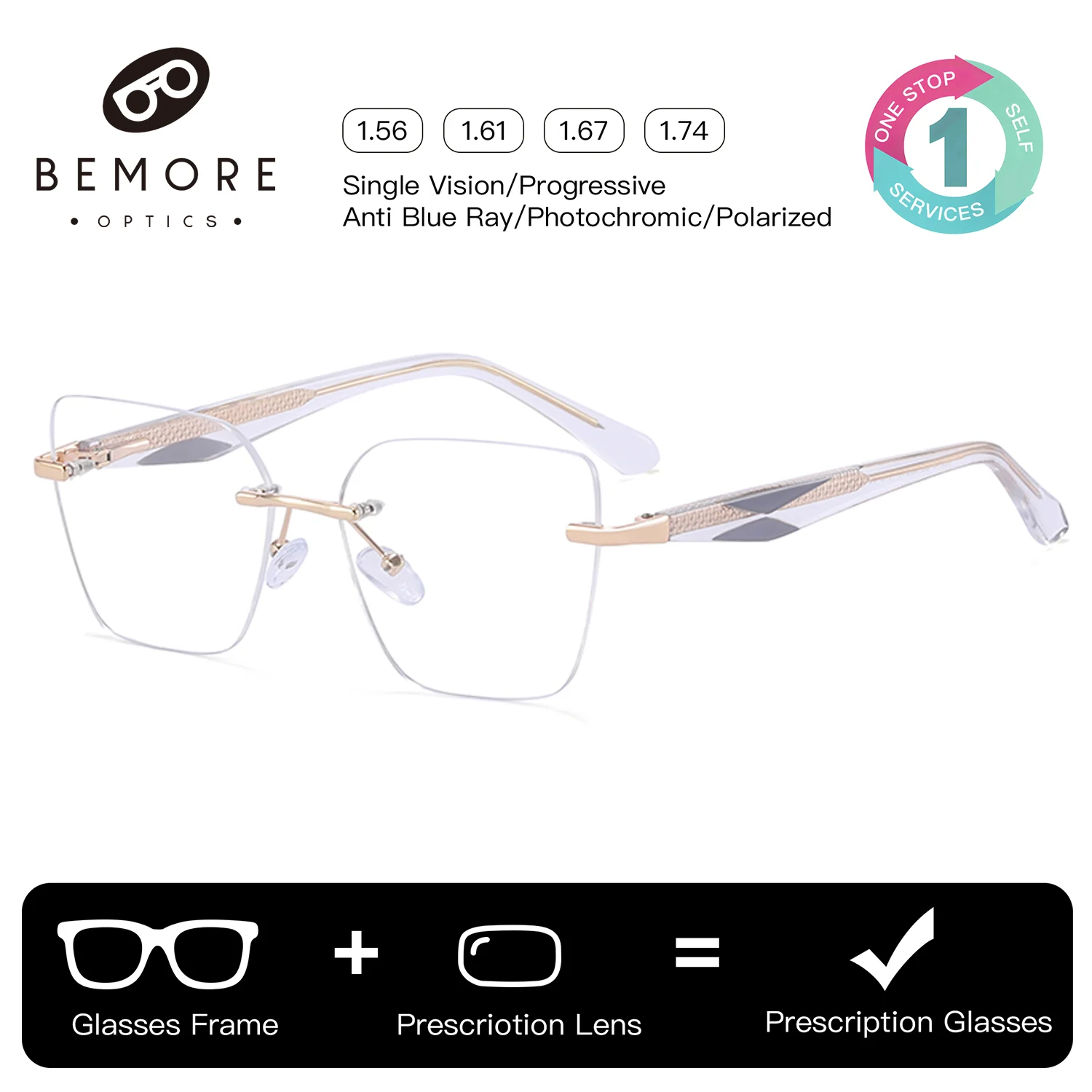 

BEMORE High-Quality Metal Rimless Progressive Glasses for Woman Square Anti-Blue Ray Photochromic Prescription Eyewear