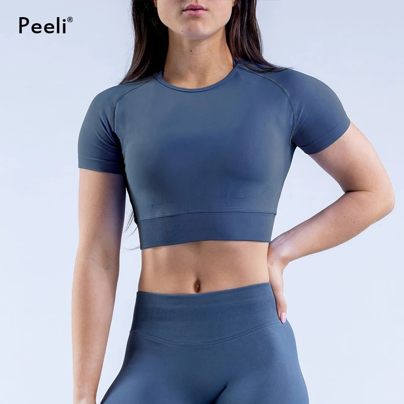 Impact Gym Crop Top for Women Short Sleeve Seamless Yoga Top Ribbed Sports T Shirts Fitness Workout Tee Sports Tops Activewear